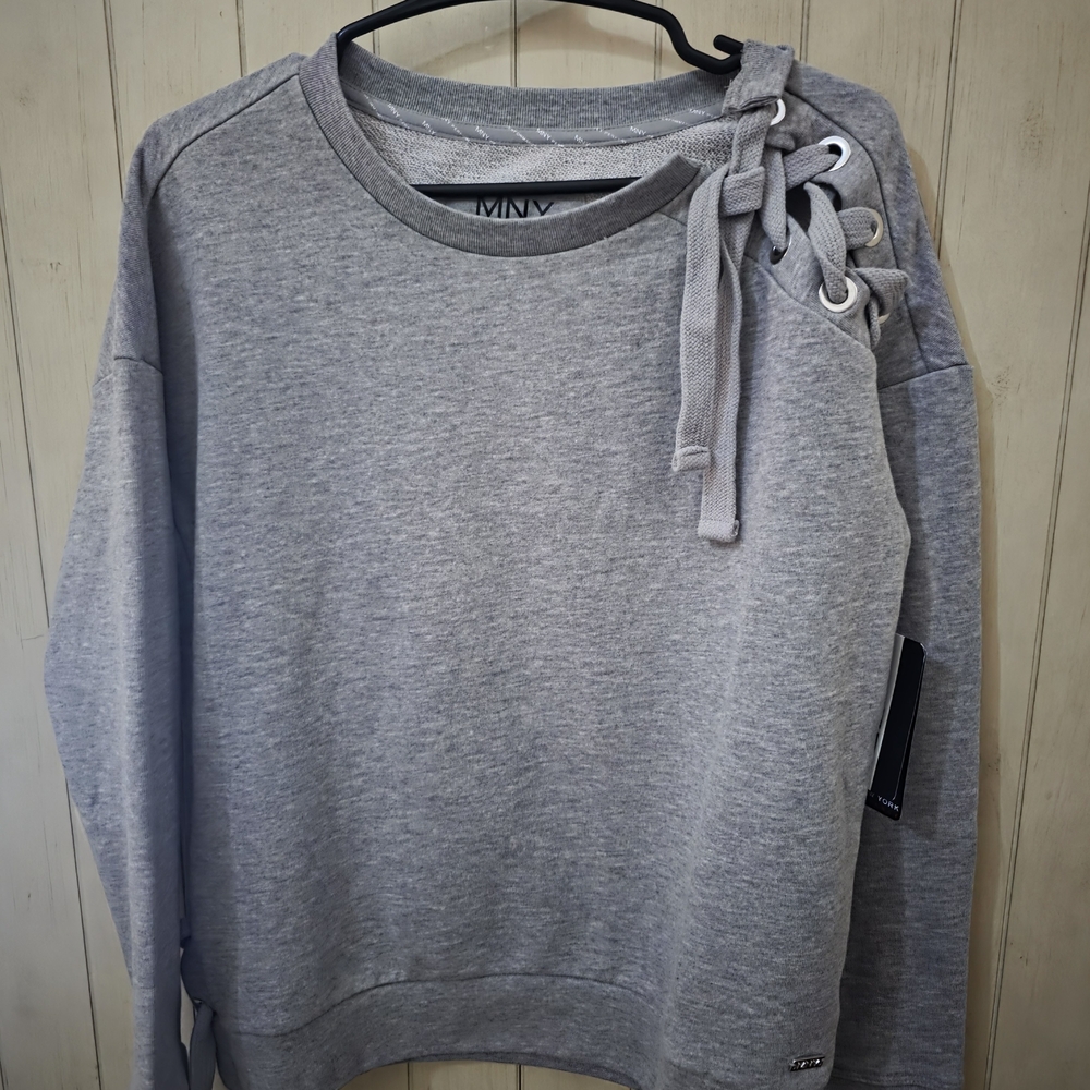 Andrew Marc Gray Lace-Up Shoulder Crewneck Sweatshirt